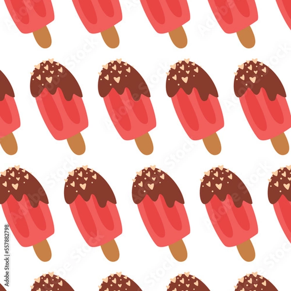 Fototapeta Background with strawberry ice cream poured with chocolate, decorated with hearts. Festive background on white background