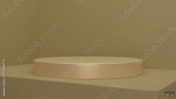 Fototapeta Shiny beige round pedestal on beige studio backdrops. Blank display or clean room for showing product. Minimalist mockup for podium display or showcase. 3D vector illustration.