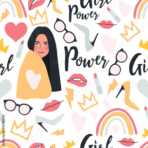 Fototapeta Seamless vector pattern with a set of elements - a young woman, glasses, hearts, high heels, lips, lipstick, crowns, rainbows, and inscriptions. Endless background of "Girl Power" concept