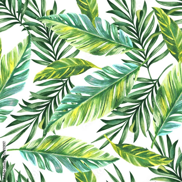 Fototapeta Green leaves of tropical palm tree. Seamless pattern with hand drawn watercolour illustrations 