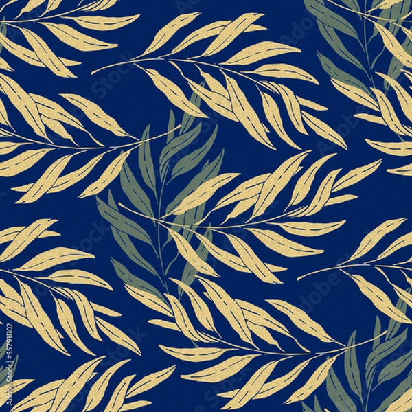 Fototapeta Willow branches and leaves, golden on dark blue background. Seamless pattern with hand drawn illustration