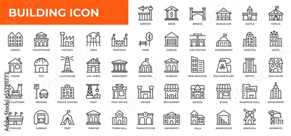 Fototapeta Building line icons collection. UI web icons set in a flat design. Outline icons pack. Architectural icons
