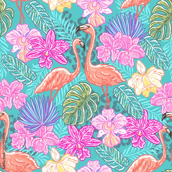 Fototapeta Blooming orchids with tropical leaves and flamingos. Seamless pattern with vector hand drawn illustrations
