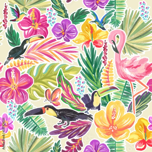 Fototapeta Tropical bird, flowers and leaves . Seamless pattern with hand drawn digital illustration with summer theme
