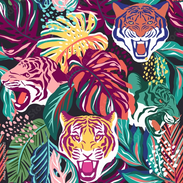Fototapeta Tigers in the jungle. seamless pattern with vector hand drawn illustrations with tropical forest theme
