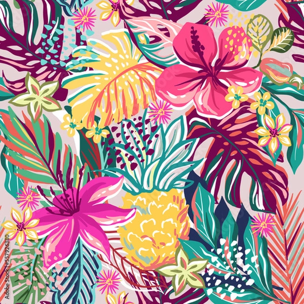 Fototapeta hibiscus flowers and tropical leaves. Seamless pattern with hand drawn digital vector illustrations with floral theme
