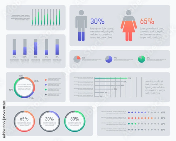 Fototapeta Light Infographics with statistics and colorful elements. Thin line vector illustration. Data graphs for flow charts, presentations and UI