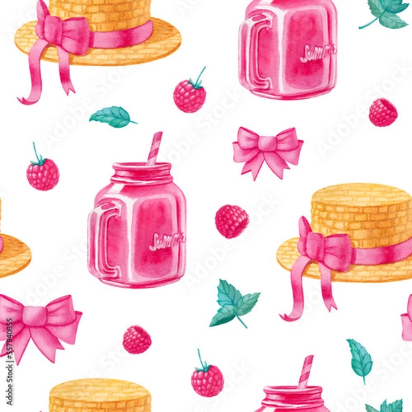 Fototapeta Watercolor seamless pattern with picnic elements in pastel colors
