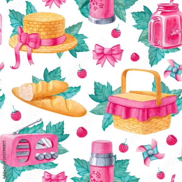 Fototapeta Watercolor seamless pattern with picnic elements in pastel colors