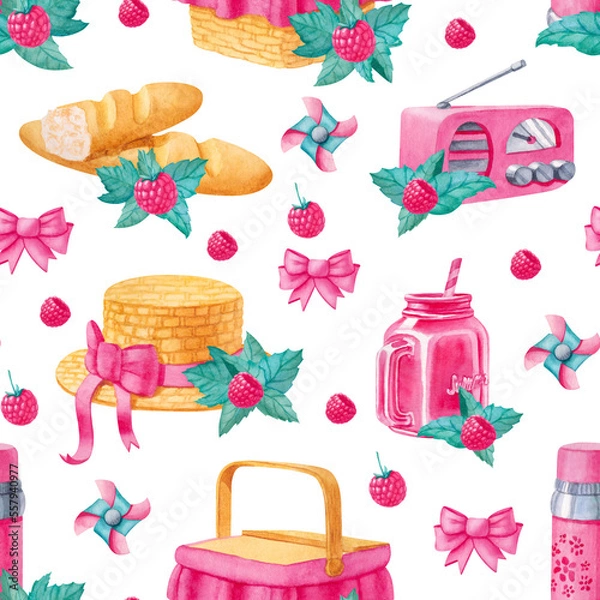 Fototapeta Watercolor seamless pattern with picnic elements in pastel colors