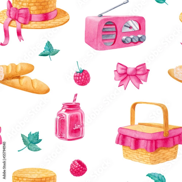 Fototapeta Watercolor seamless pattern with picnic elements in pastel colors