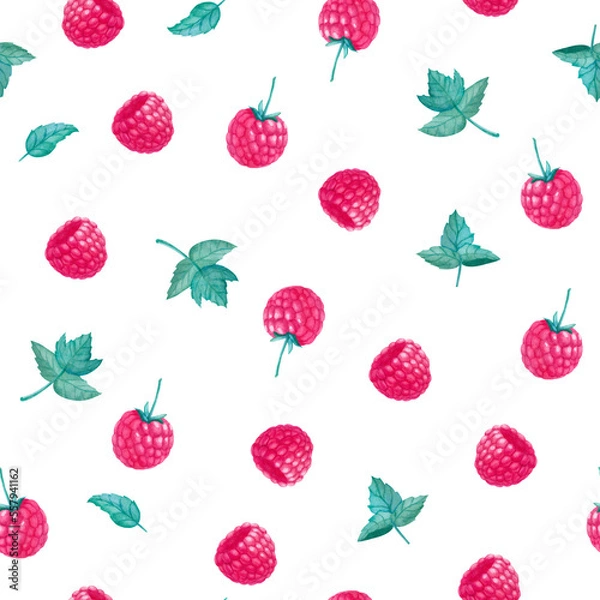 Fototapeta Watercolor seamless pattern with raspberry and leaves