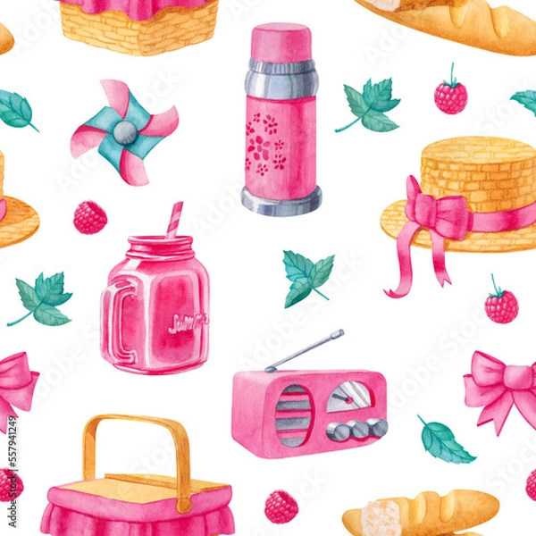 Fototapeta Watercolor seamless pattern with picnic elements in pastel colors
