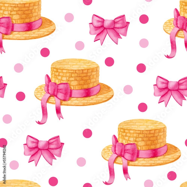 Fototapeta Watercolor seamless pattern with hat and bow in pastel colors