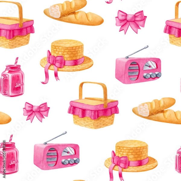 Fototapeta Watercolor seamless pattern with picnic elements in pastel colors
