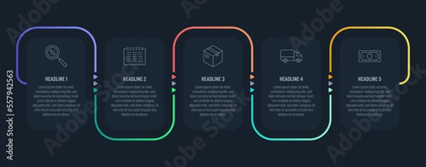 Fototapeta Dark process Infographics with five steps and colorful elements. Thin line vector icons. Data graphs for flow charts, presentations and UI