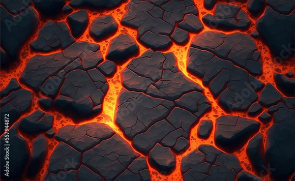 Obraz Cracked ground with hot glowing lava veins illustration perfect for video game design. Cracked lava ground texture. Game asset. Generative AI
