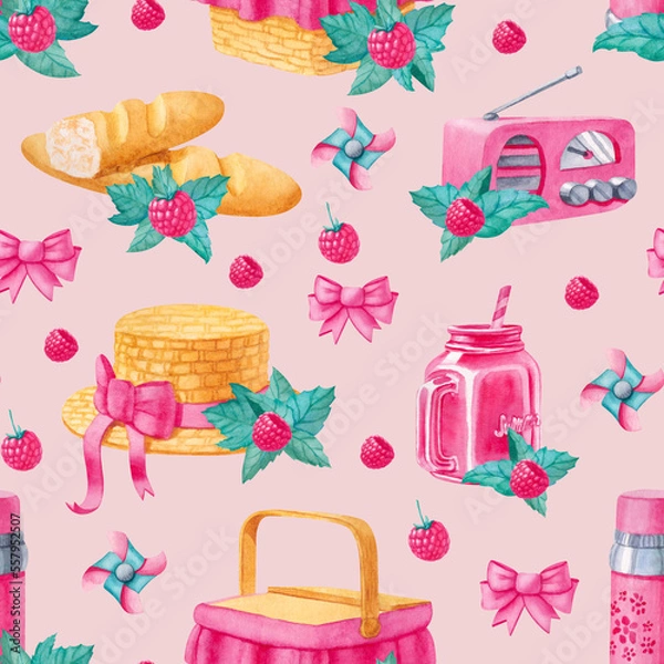 Fototapeta Watercolor seamless pattern with picnic elements in pastel colors