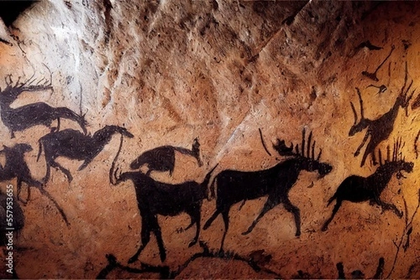 Fototapeta Prehistorical cave paintings of hunting scene with deers and horses and wolves neanderthal primitive art inspired by Lascaux caves