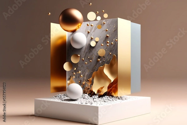 Fototapeta Abstract background with geometric shape podium for product in pastel colors with gold elements. Gen Art