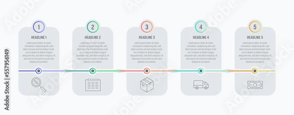 Fototapeta Light process Infographics with five steps timeline and colorful elements. Thin line vector icons. Data graphs for flow charts, presentations and UI