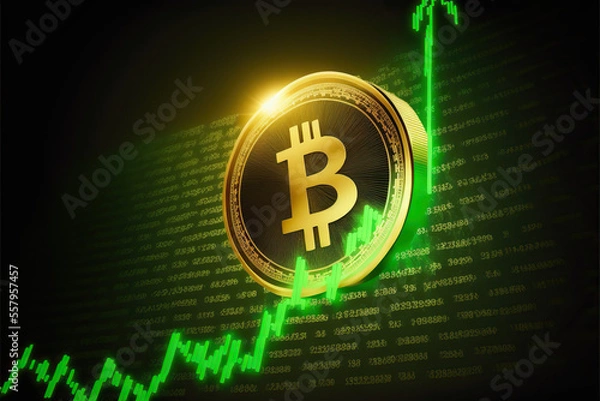 Obraz Bitcoin digital cryptocurrency on green chart background