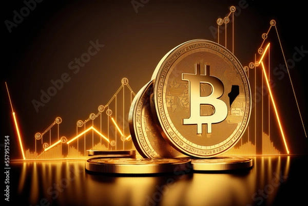 Fototapeta Gold bitcoins with graph chart background