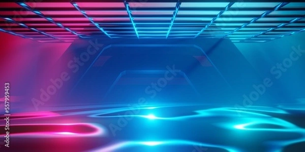 Fototapeta gaming background abstract wallpaper, cyberpunk style scifi game, neon glow of stage scene in pedestal display room, 3d illustration rendering, esports team concept