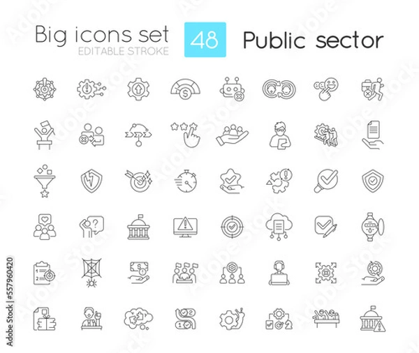 Fototapeta Public sector linear icons set. Services and enterprises. Government digital transformation. Administration. Customizable thin line symbols. Isolated vector outline illustrations. Editable stroke