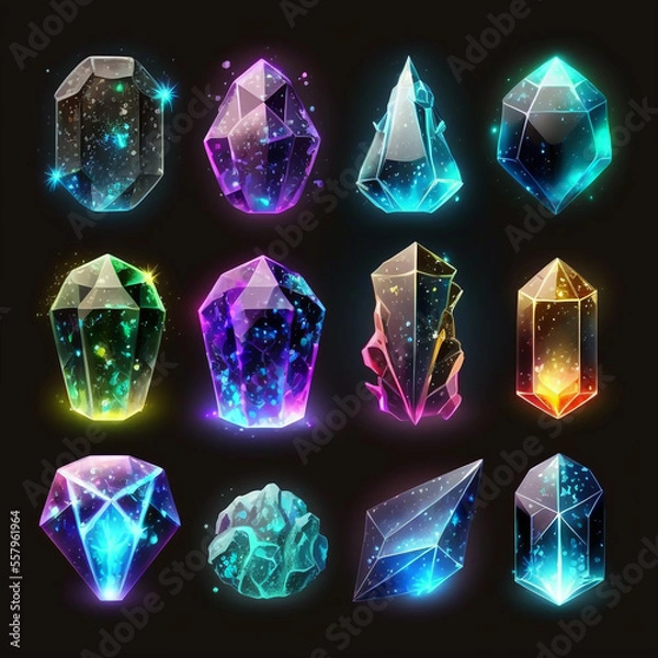 Fototapeta RPG Magic Gemstones Illustration, Collection of Magic Stone Roleplaying, Magic Jewellery Object Set, Generative AI