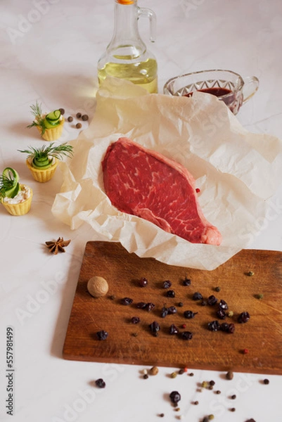 Obraz Flatlay raw steak and marbled beef