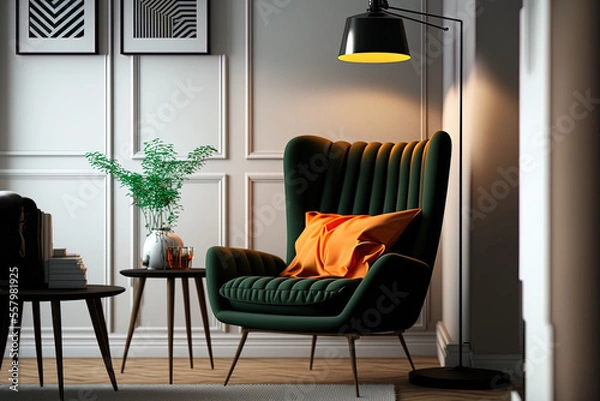 Fototapeta Stylish living room with a lamp and a chair. furnishings with a Scandinavian aesthetic. Generative AI