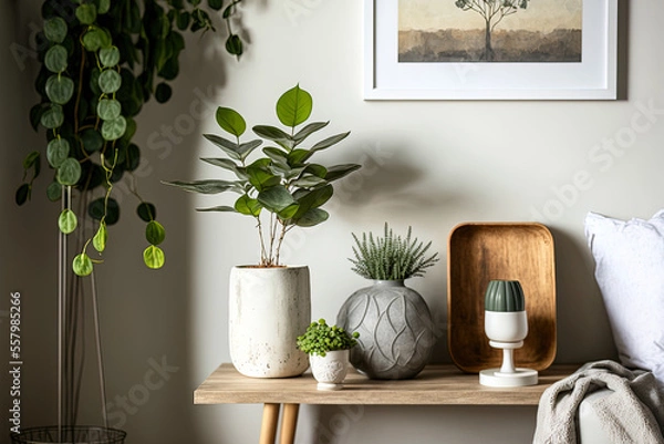 Fototapeta With plants in various pots, a cement apple, and a wooden table, the living room features a stylish and artistic combination of home decor. Stylish ornamentation. The color scheme of eucalyptus. Templ