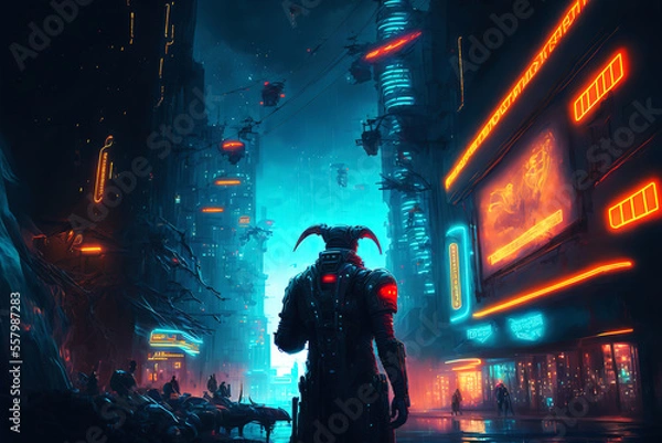 Fototapeta Futuristic neon cyberpunk city with the silhouette of an alien hero. Downtown sci-fi concept at night with skyscraper, highway and billboards. Gen Art	