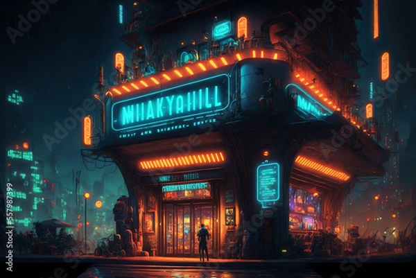 Fototapeta Futuristic neon cyberpunk city with the silhouette of an alien hero. Downtown sci-fi concept at night with skyscraper, highway and billboards. Gen Art