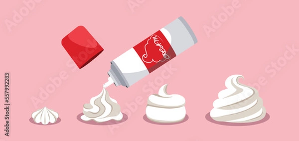 Fototapeta Set of white whipped cream in cartoon style. Vector illustration of sweet cream of different shapes and textures and a bottle of whipped cream isolated on a pink background.