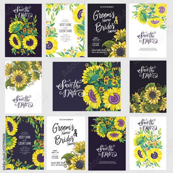 Fototapeta Set of Save the Date cards templates with sunflowers rustic theme
