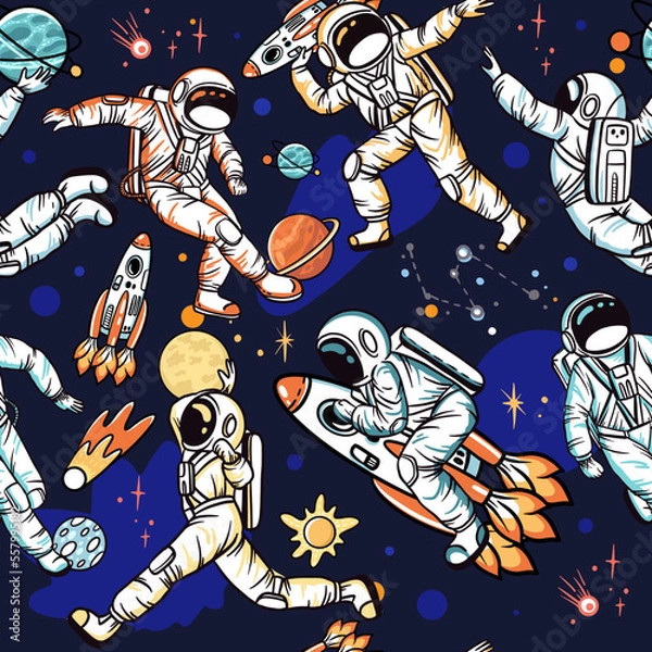 Fototapeta Astronauts in sport activities with spaceships and planets. Seamless pattern with hand drawn vector illustrations with space theme
