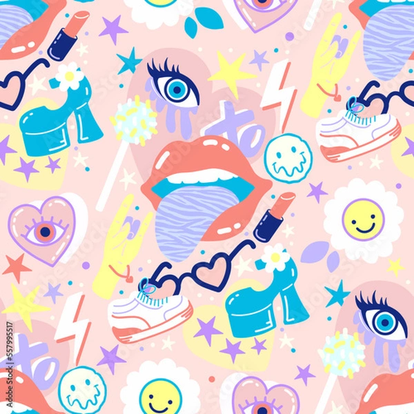 Fototapeta Abstract seamless vector pattern with hand drawn illustrations with preppy aesthetic style
