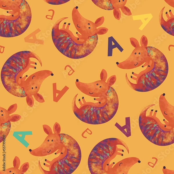 Fototapeta armadillo and letter a. Seamless pattern with digital hand drawn illustrations with animal alphabet theme
