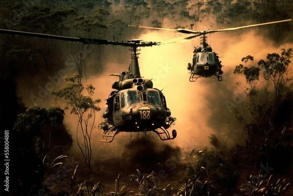 Fototapeta Smoke and Flames Surround Vietnam War Helicopters, generative ai