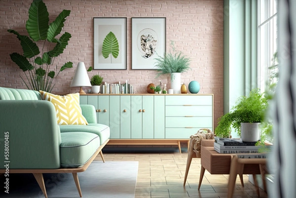 Fototapeta Modern living room with pastel colors with sofa, oak sideboard over light green brick wall. Generative AI