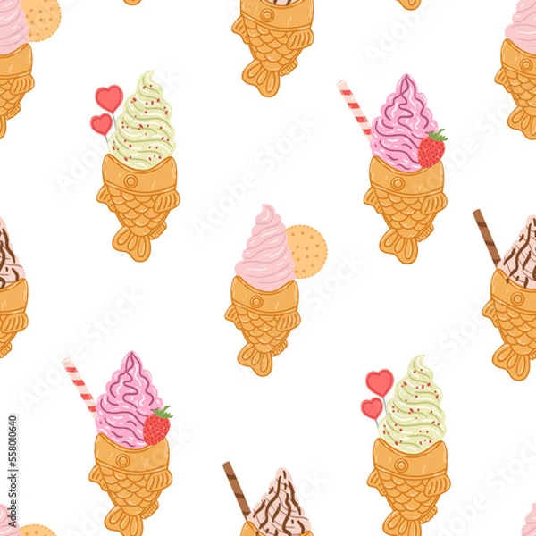 Fototapeta Seamless pattern with taiyaki fish-shaped ice cream cone in cartoon flat style. Hand drawn vector background with traditional Japanese food, sweet, dessert