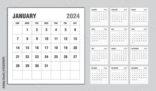 Fototapeta Calendar 2024 year black design, Monthly calendar template for 2024 year, Week Starts on sunday, Minimalist Wall calendar 2024 template, planner, Business template Vector