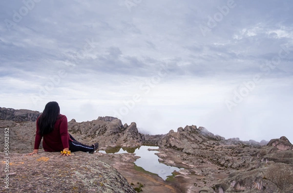 Fototapeta half-sitting Latin woman with her arms supporting her, with a lagoon and a valley of rocks in the background.