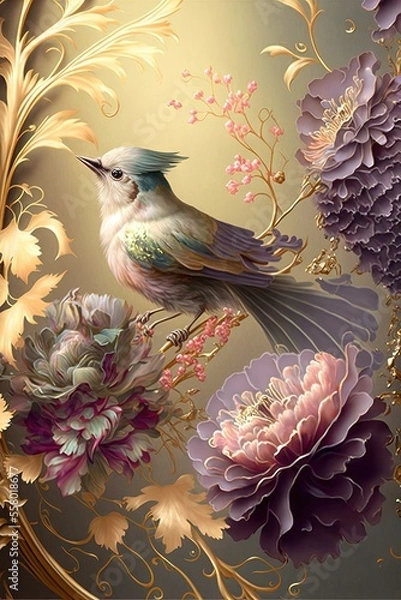 Fototapeta Lavish Glowing Birds in Gardens of Fantasy Flowers, Machine Learning Generated AI Wallpaper with Songbirds and Gilded Flowers
