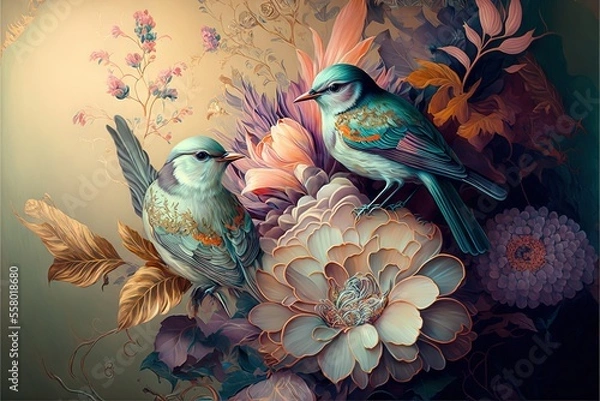Fototapeta Lavish Glowing Birds in Gardens of Fantasy Flowers, Machine Learning Generated AI Wallpaper with Songbirds and Gilded Flowers