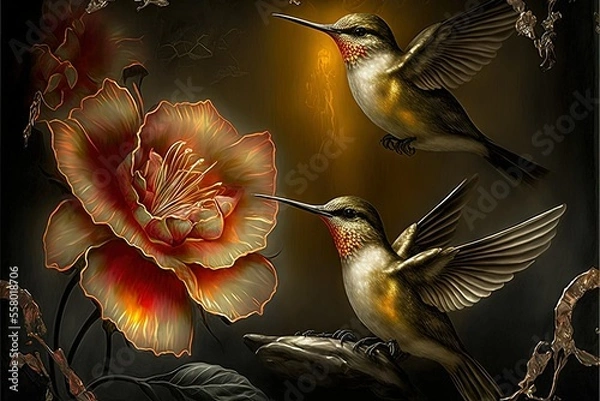 Fototapeta Lavish Glowing Birds in Gardens of Fantasy Flowers, Machine Learning Generated AI Wallpaper with Songbirds and Gilded Flowers