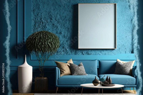 Fototapeta Stylish home design mockup with blue wall texture and living room furnishings. Generative AI