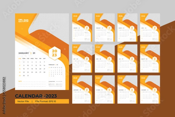 Fototapeta 2023 wall Calendar new year vector illustration. The week starts on Monday. Annual calendar 2023 template. Planner 2023 year. English calendar template. corporate Wall calendar in a minimalist style
